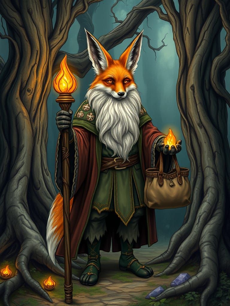 Mystical Fox Wizard in a Fantastical Forest