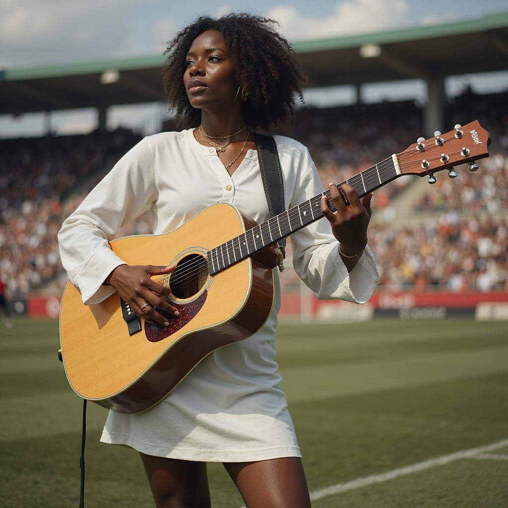 Hyperreal African Woman Plays Guitar in Stadium