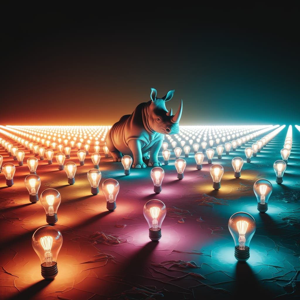 Surreal Rhino in Light Bulb Field: Triadic Oil Painting