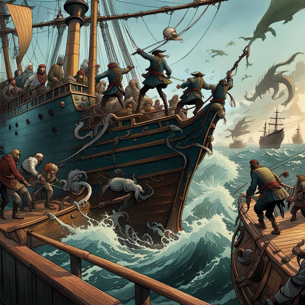 Pirates vs Sea Monsters: Hyperrealistic Splash Art