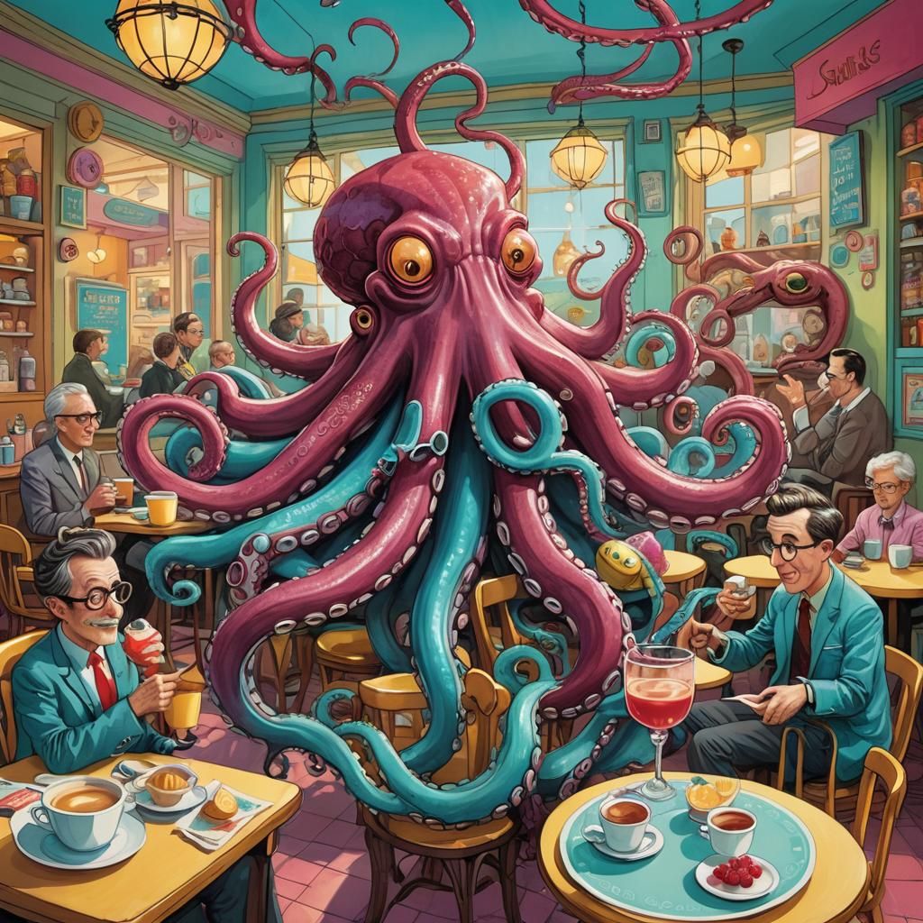 Octopus at Café: A Whimsical Digital Illustration