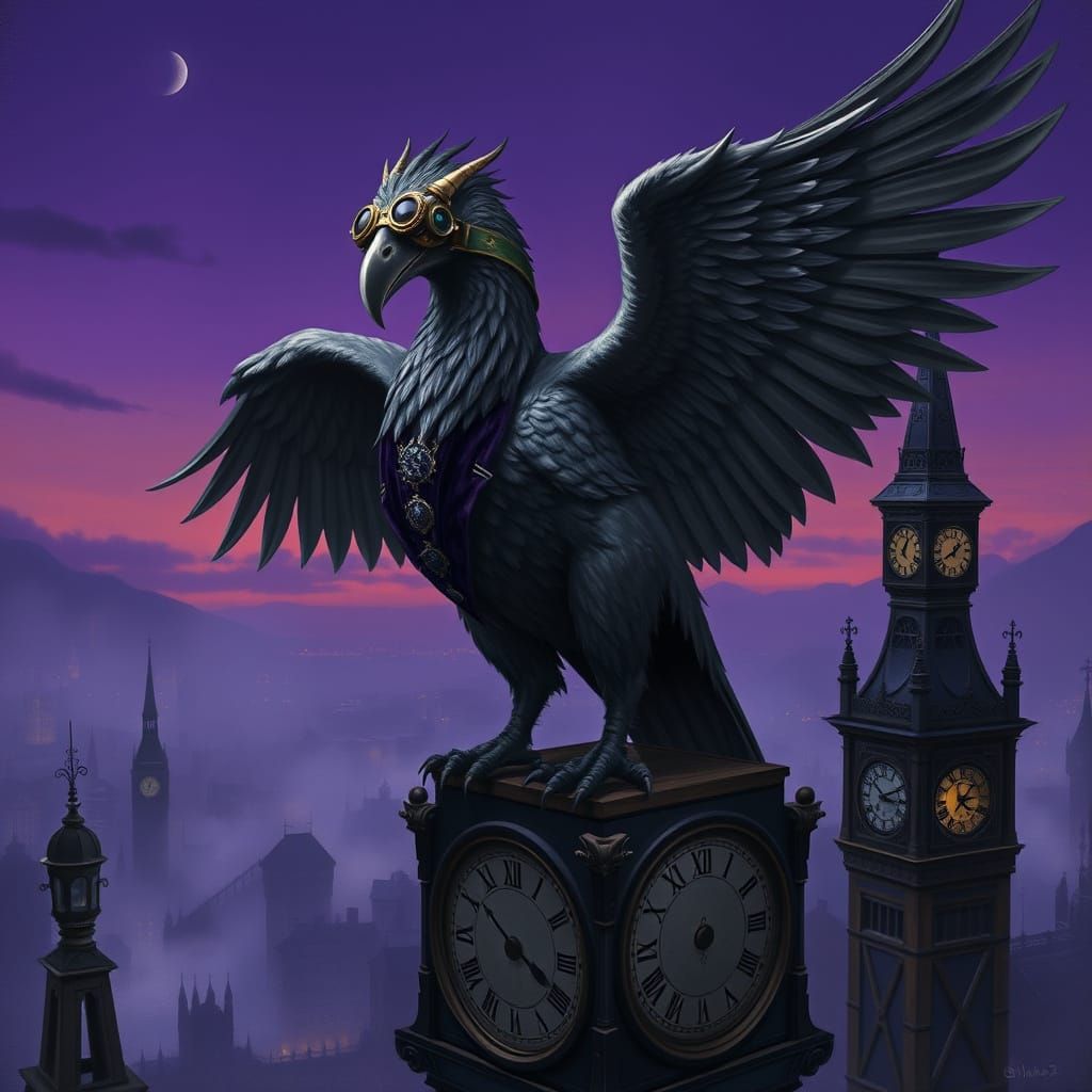 Steampunk Griffin on Gothic Clock Tower at Twilight
