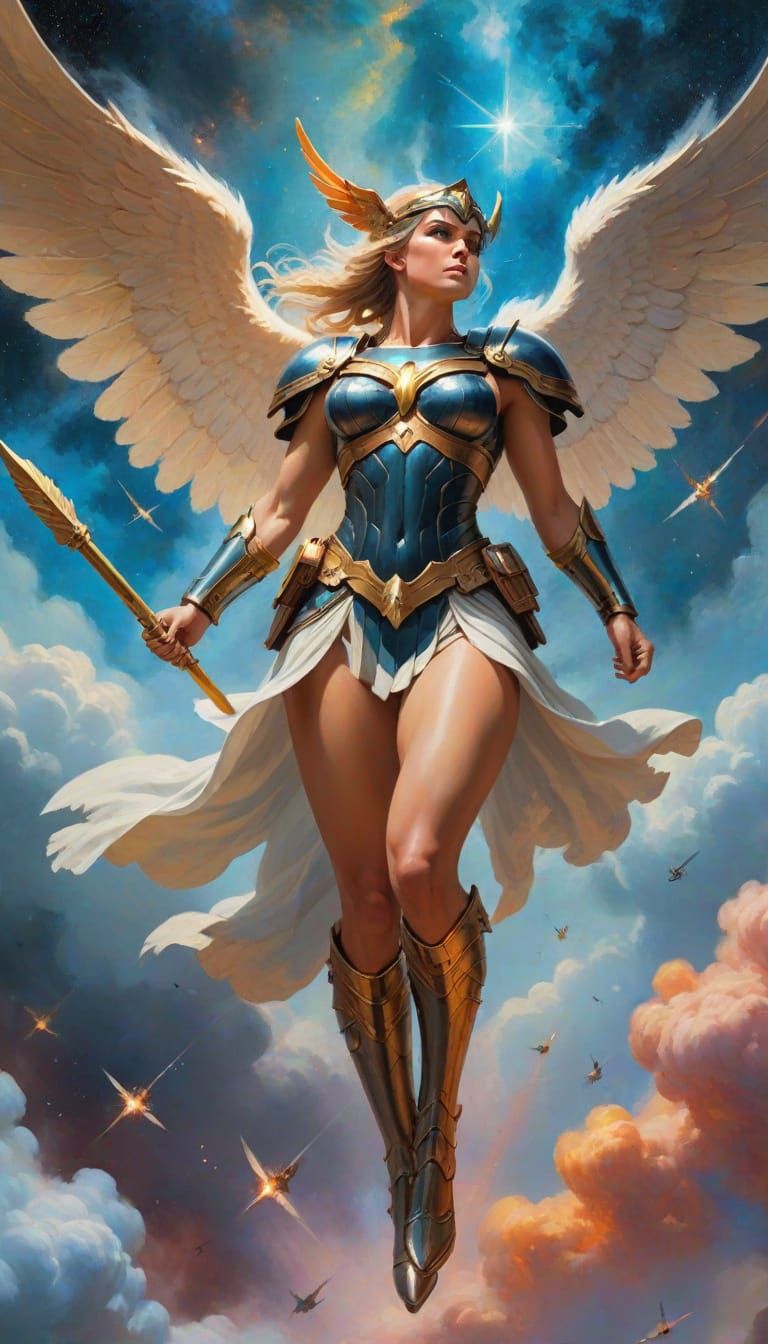 Valkyrie Descending over Battlefield in Oil Paint