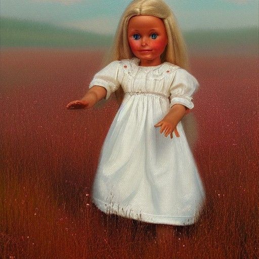 Uncanny Doll on White Meadow: Oil Painting