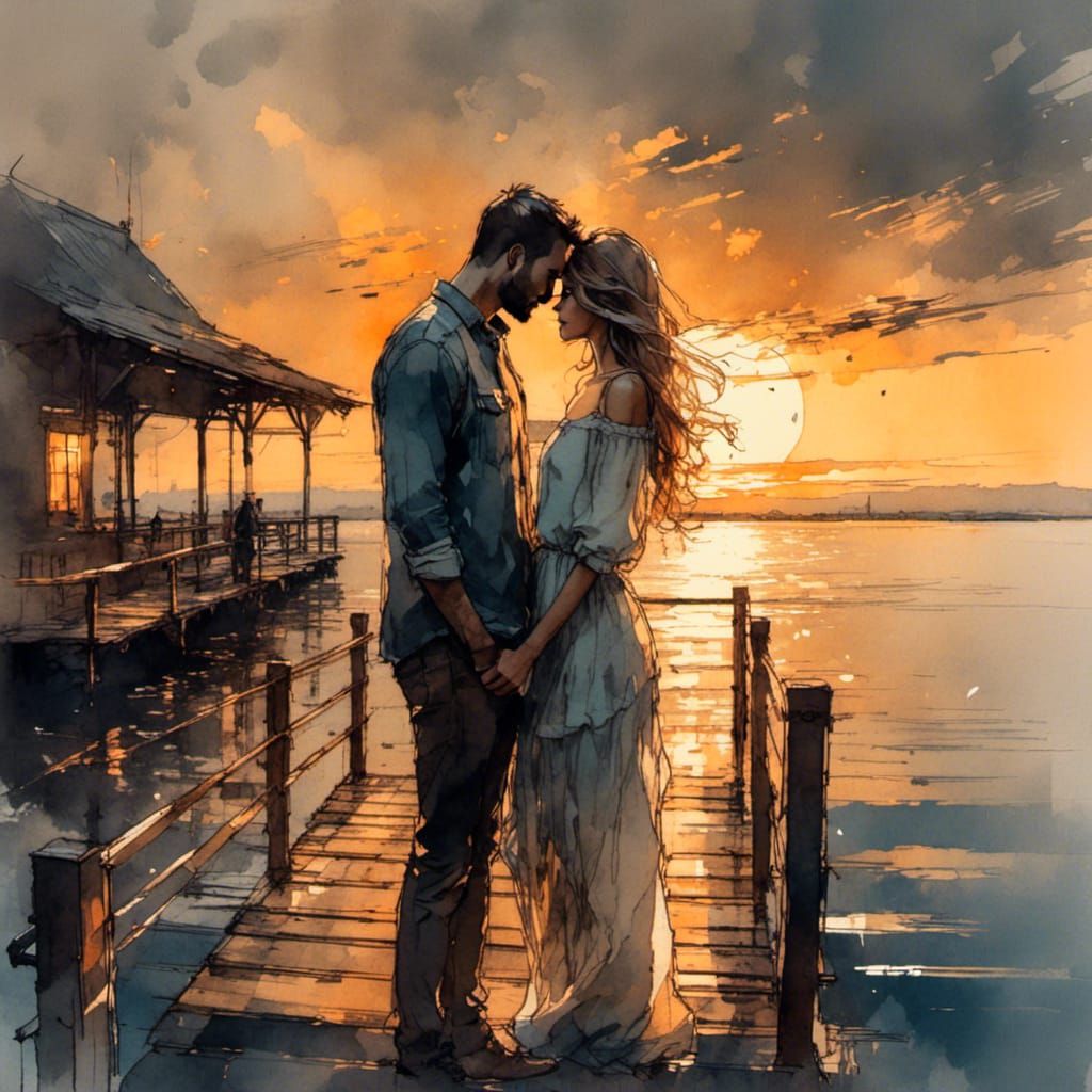 Romantic Sunset Ink Sketch of Couple on Dock