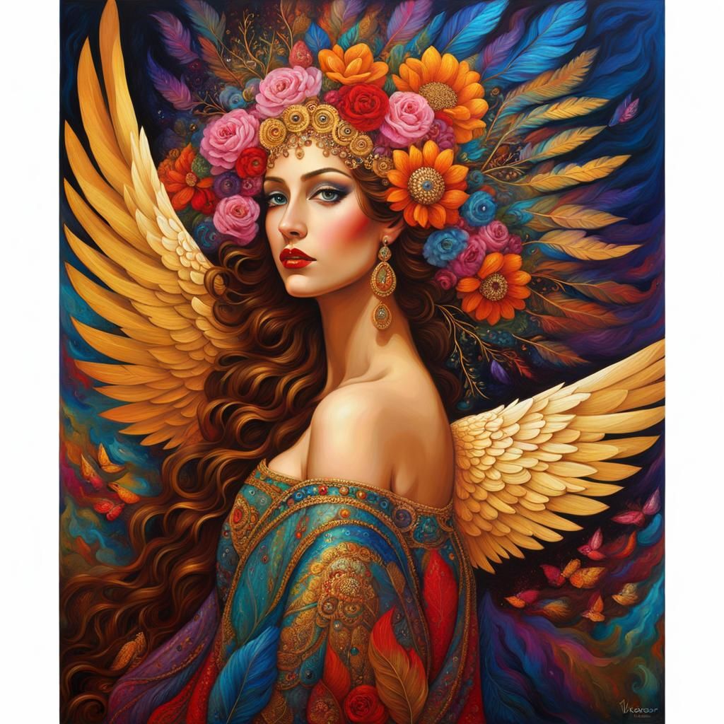 Angel with Colorful Wings and Floral Background