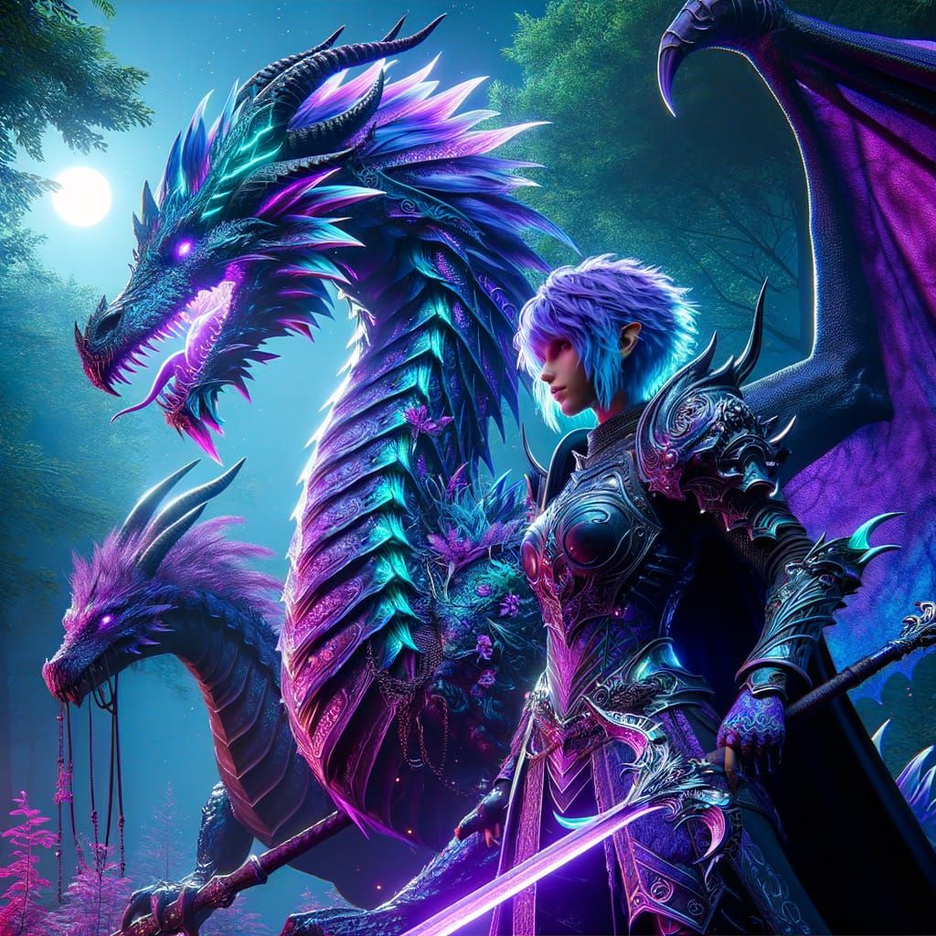 Hyperrealistic Dragon with Gothic Warrior in Moonlight Fores...