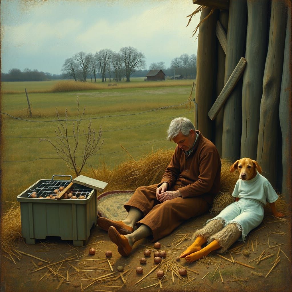 Farmer Mashing Potatoes Thinking of Home in Cezanne Style