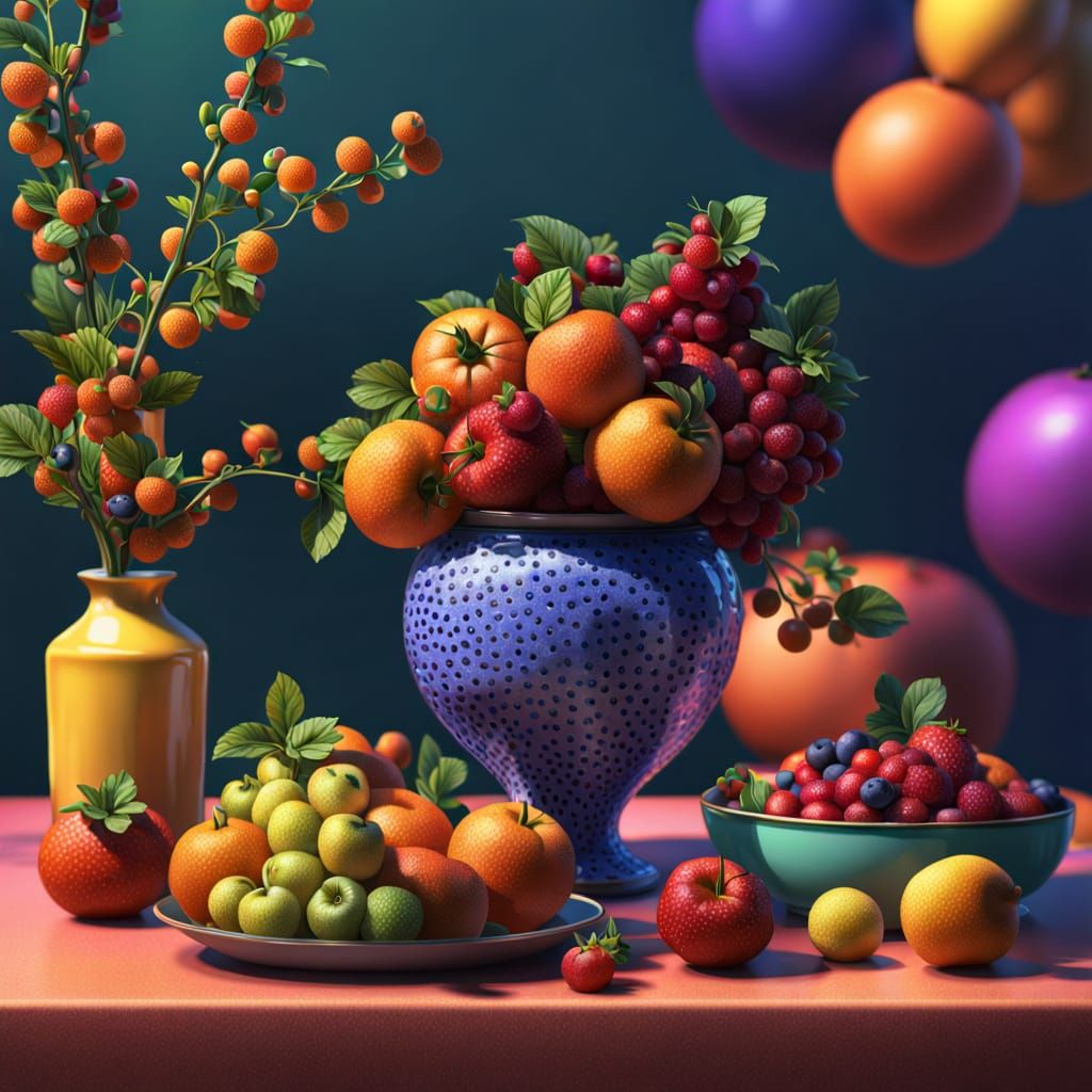 Vibrant Still Life in Pointillist Style with Fruits and Flow...