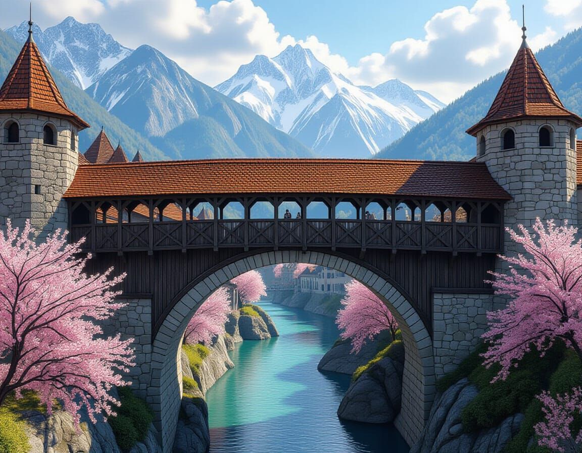 Medieval Castle Bridge in Mountains with Cherry Blossoms