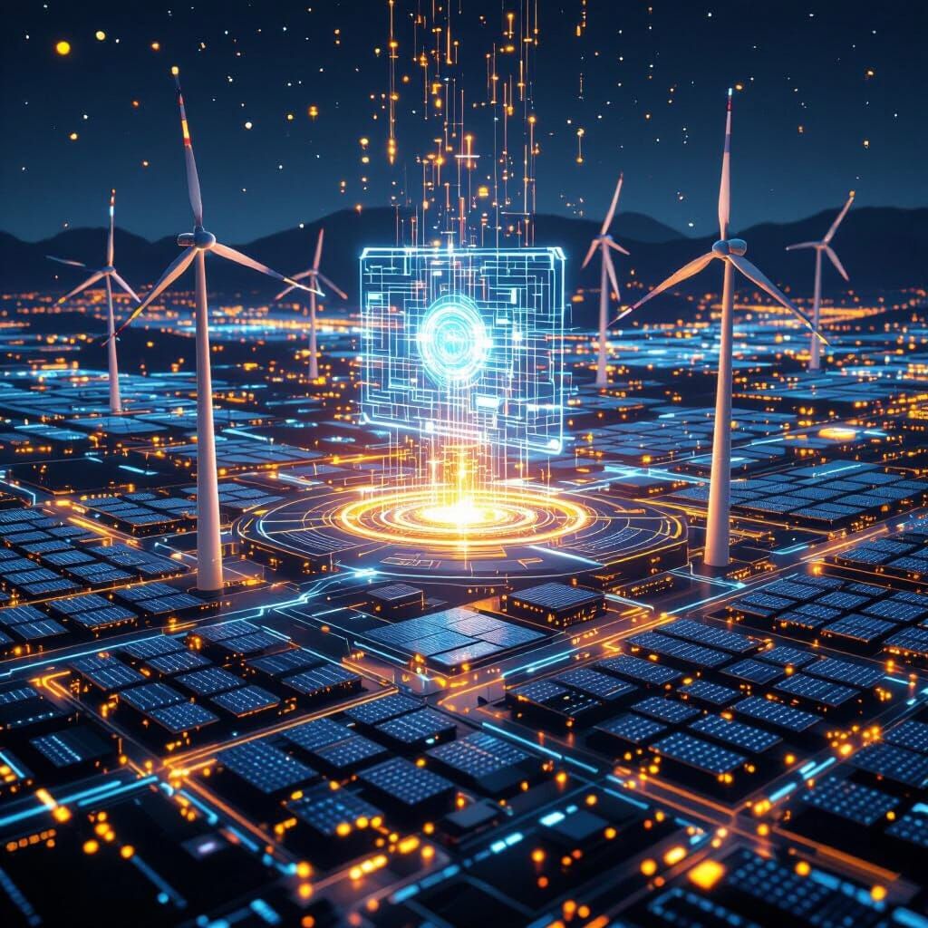 Futuristic Energy Facility at Night with AI Interface