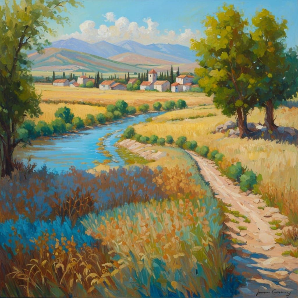 Anatolia Landscape with Roman Town as Oil Painting