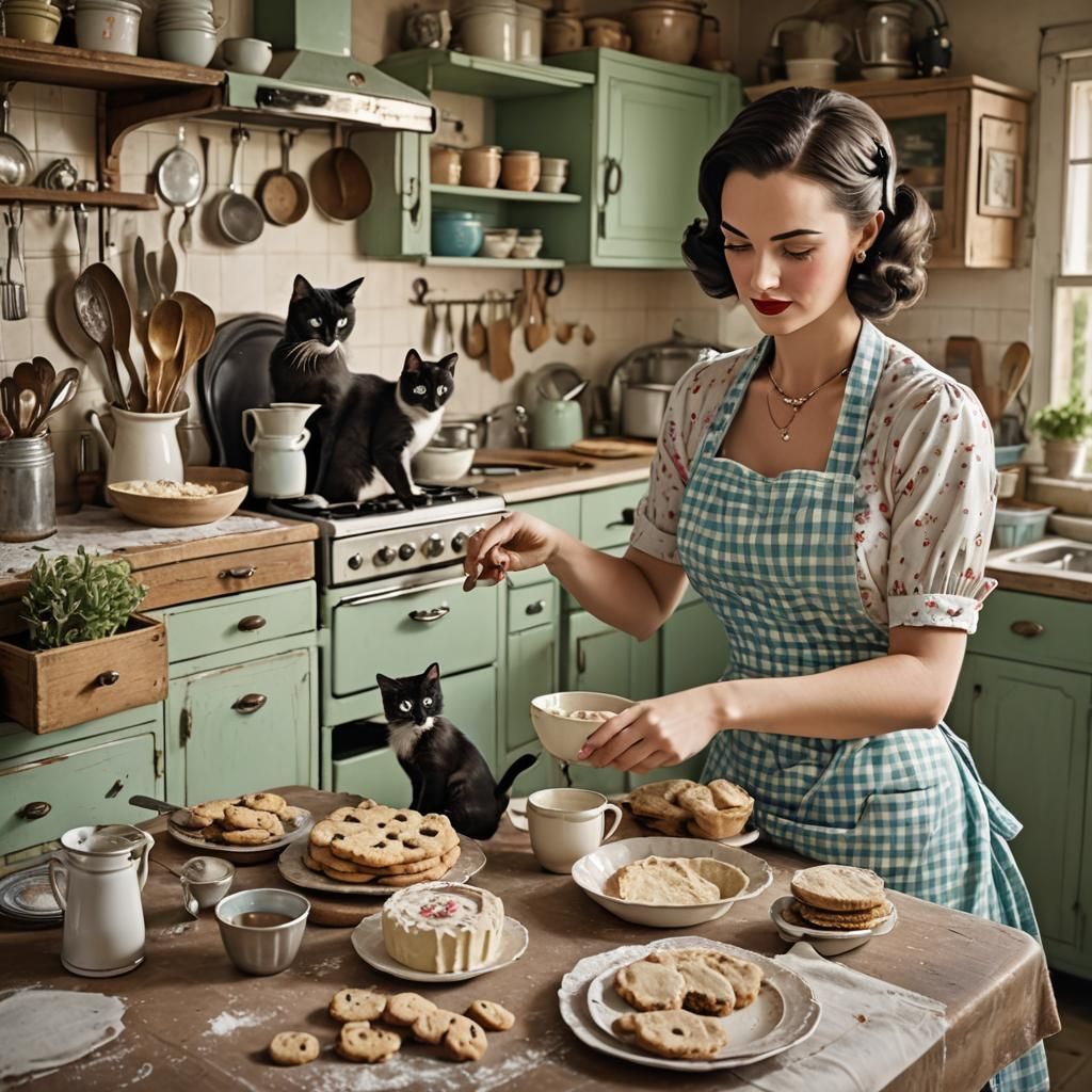 1950s Woman Baking Cookies in Shabby Chic Kitchen