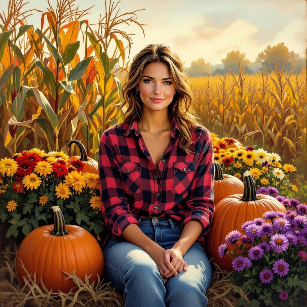 Farm Woman Surrounded by Autumn Bounty in Natural Style