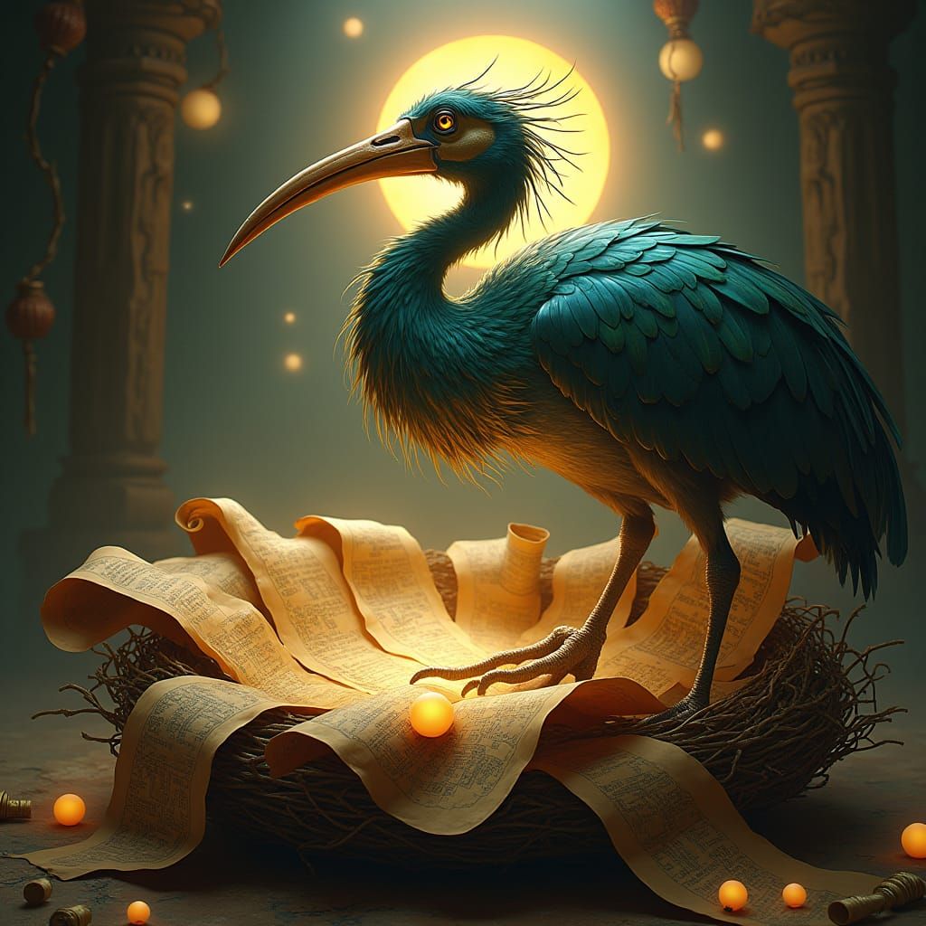 Thoth Ibis Builds Scroll Nest, Art Nouveau Style