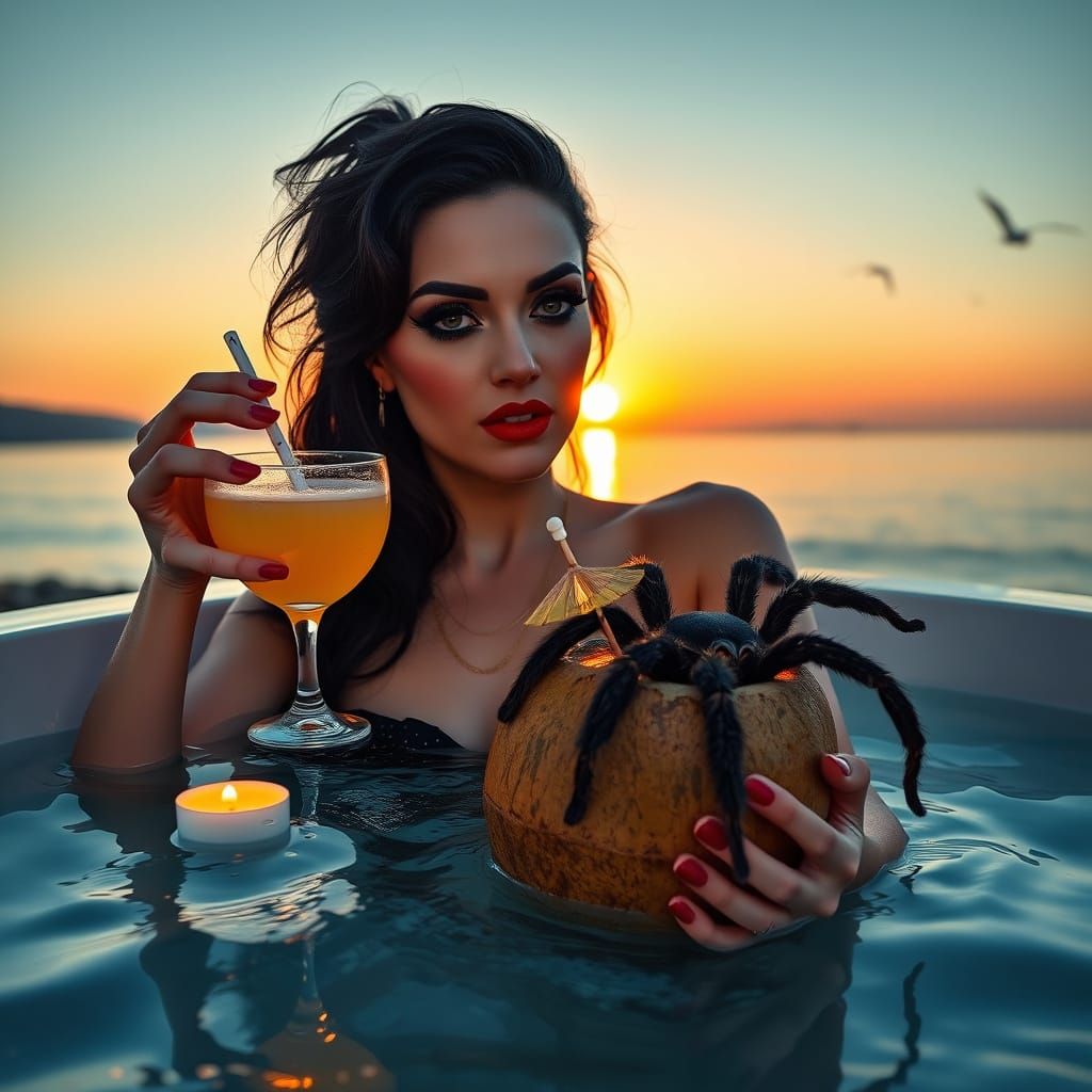 Gothic Woman Relaxing in Jacuzzi with Giant Tarantula at Sun...