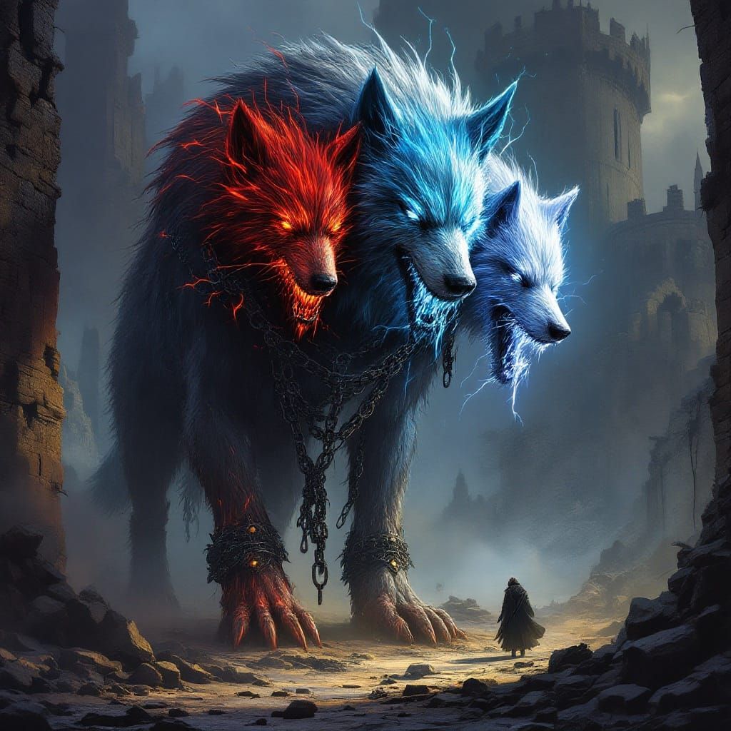 Colossal Three-Headed Wolf Stands Amidst Ruins in Dark Fanta...