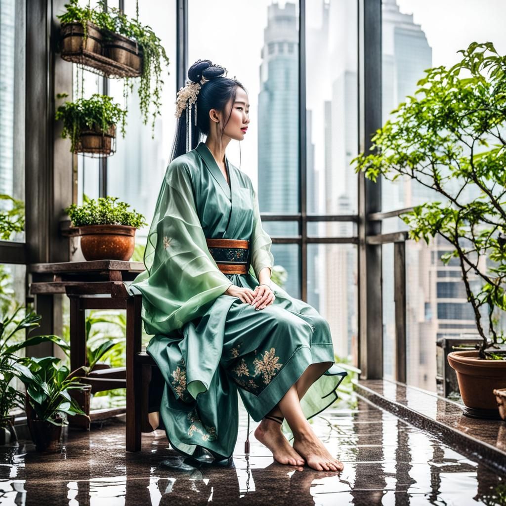 Person in Wet Chinese Clothes Under Shower