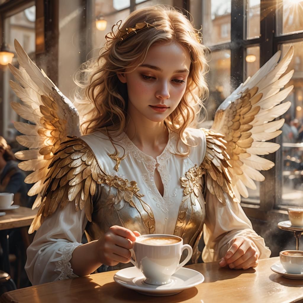 Angel Sipping Coffee in a Sunlit Cafe