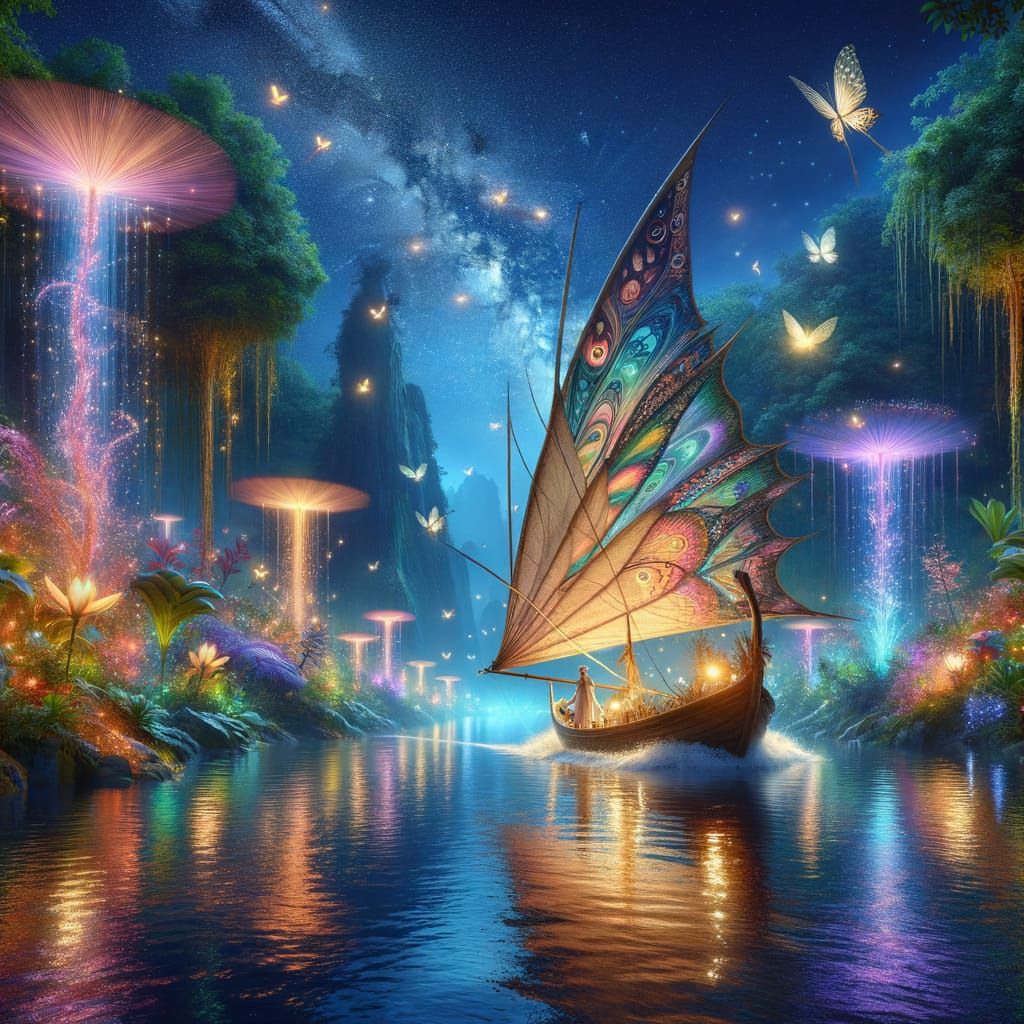 Fairy Sailboat on Mystical River at Night