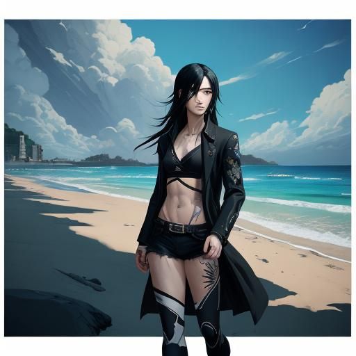 Anime-Style Men with Tattoos on Beach