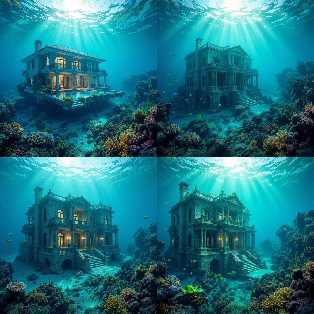 Sunken Luxury House on Ocean Floor with Coral Reefs
