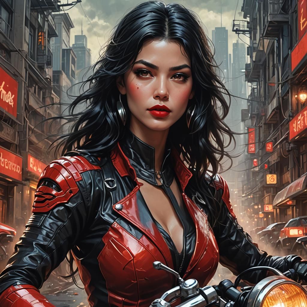 Glamorous Motorcyclist Portrait in Hyperdetailed Style