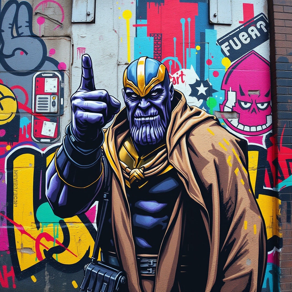 Defiant Thanos Graffiti Mural in Vibrant Street Art Style