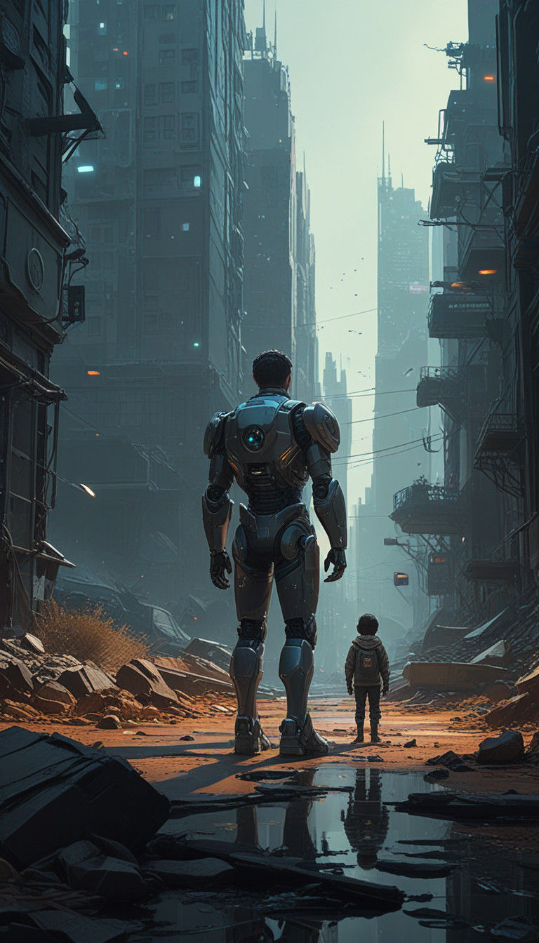 Stunning Sci-Fi Art: Boy and Robot Face Futuristic Galaxy