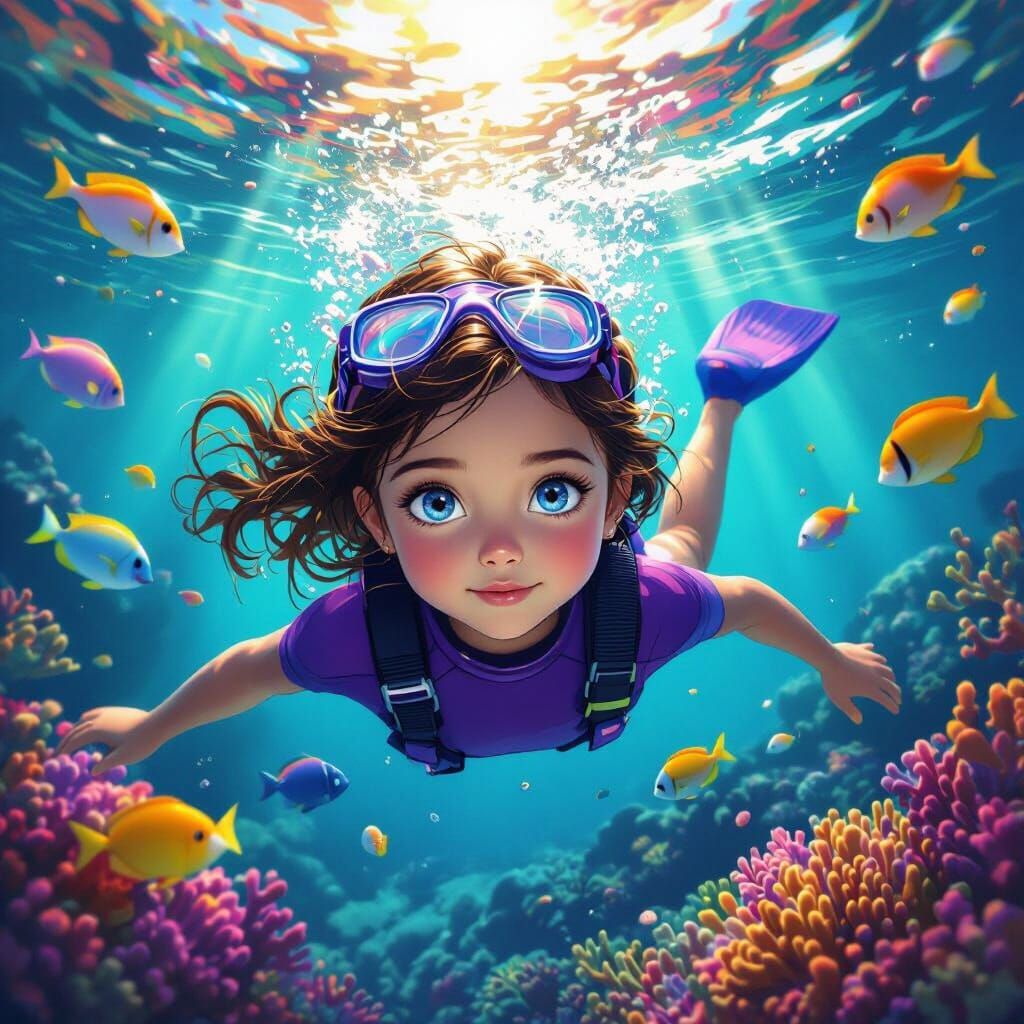 Girl in Purple Suit Explores Vibrant Coral Reef Underwater