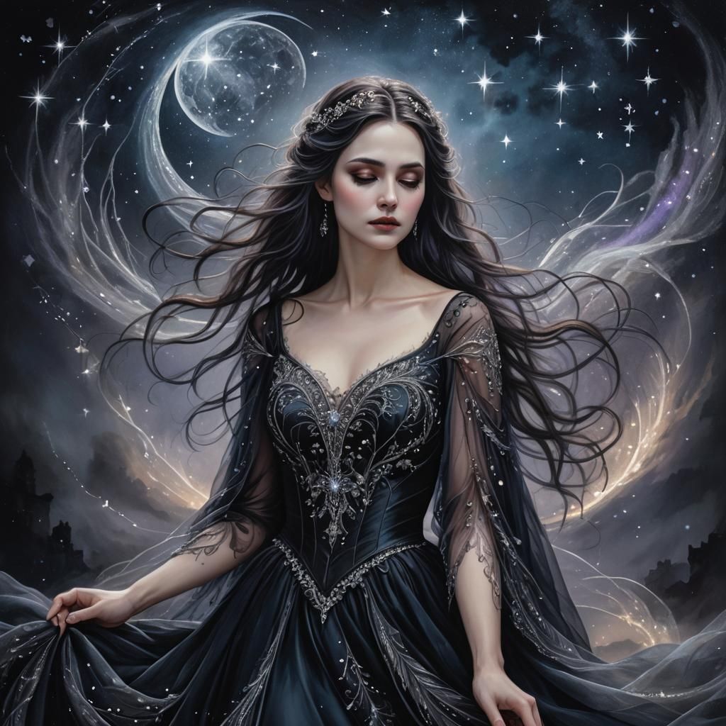 Gothic Dark Fantasy Woman with Lunar Stars