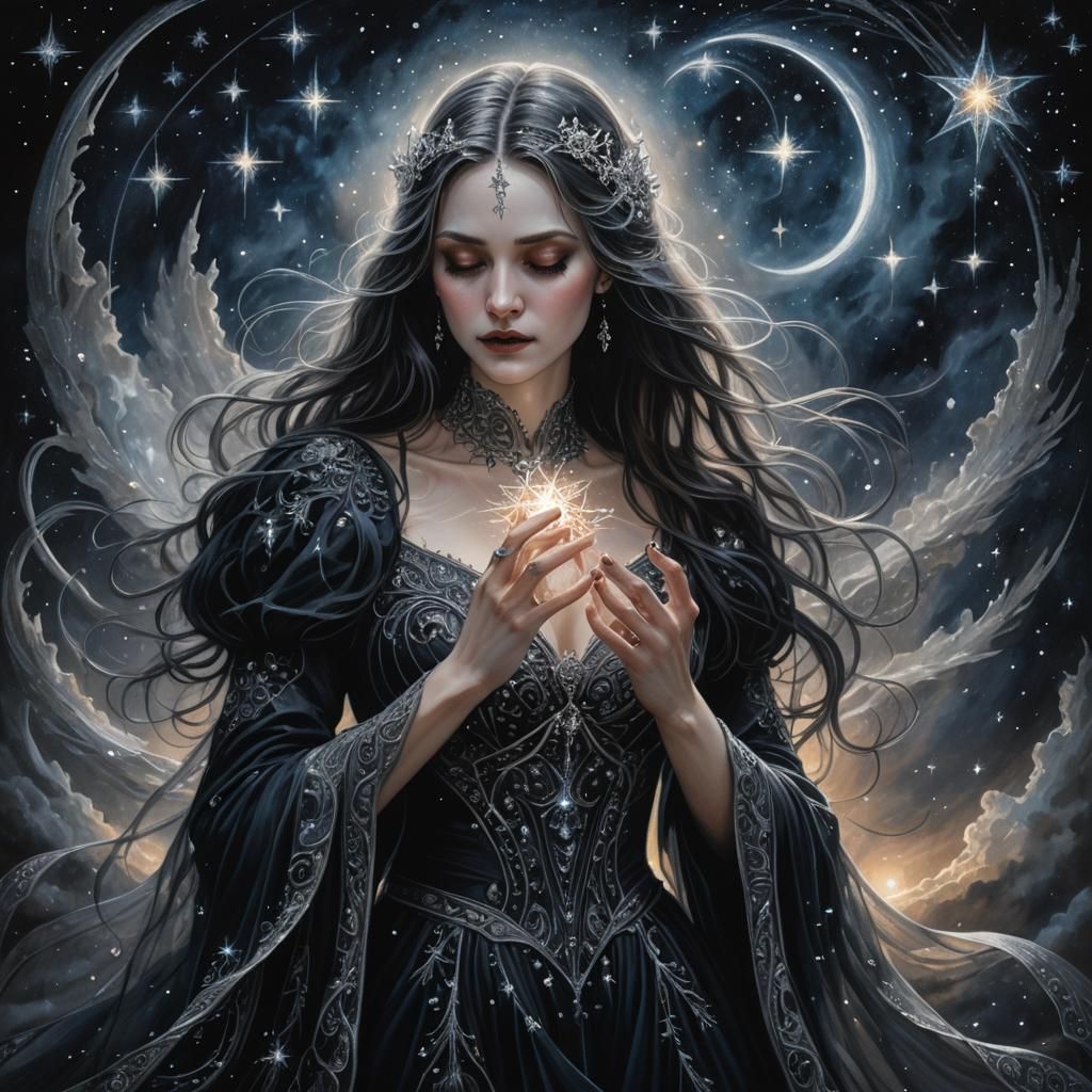 Gothic Woman Tending Lunar Stars in Twilit Sky