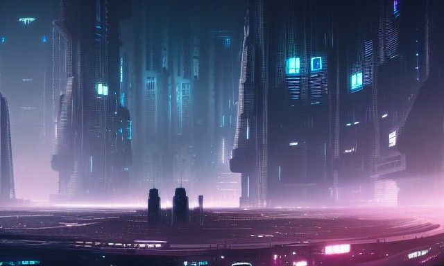 Dystopian Cyberpunk Cityscape at Night in Space
