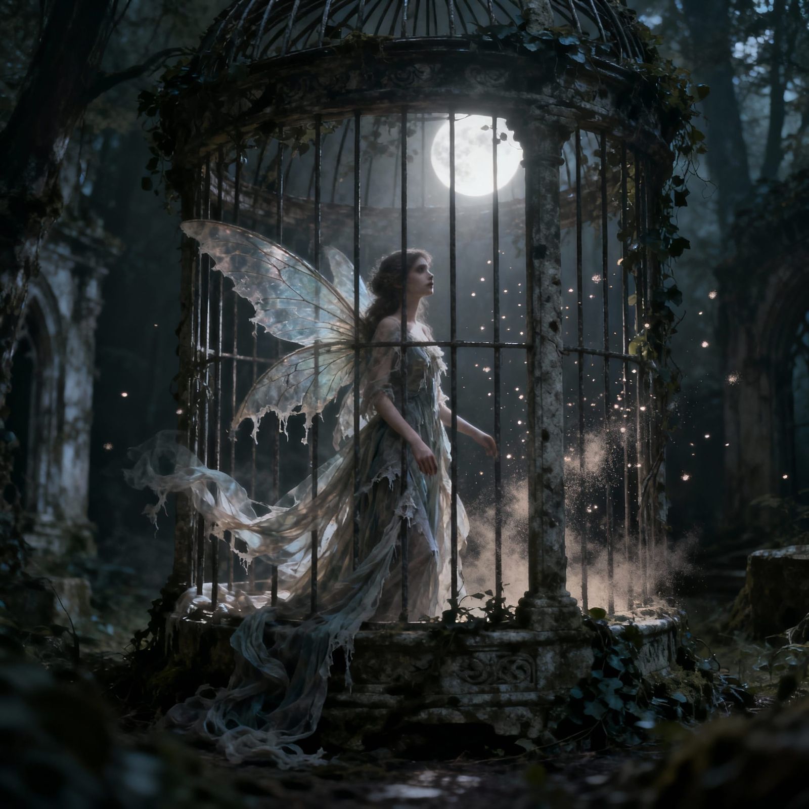 A mystical fairy with ethereal wings, adorned in flowing, ta...