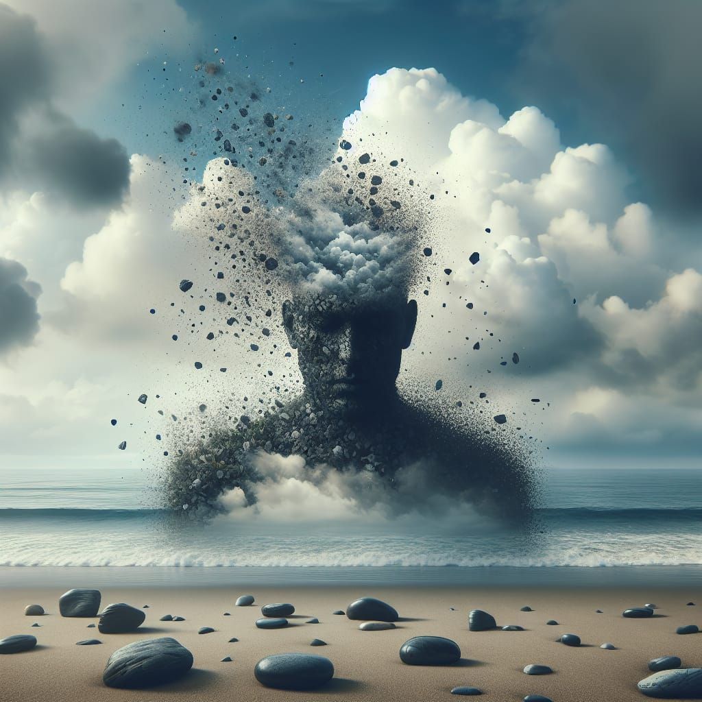 Surreal Dissolving Head on Cloudy Seascape