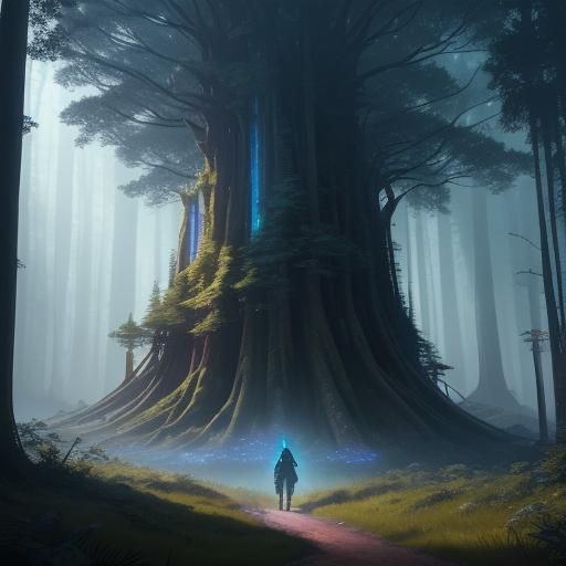 Mystical Traveler in Starry Forest: Fantasy Concept Art