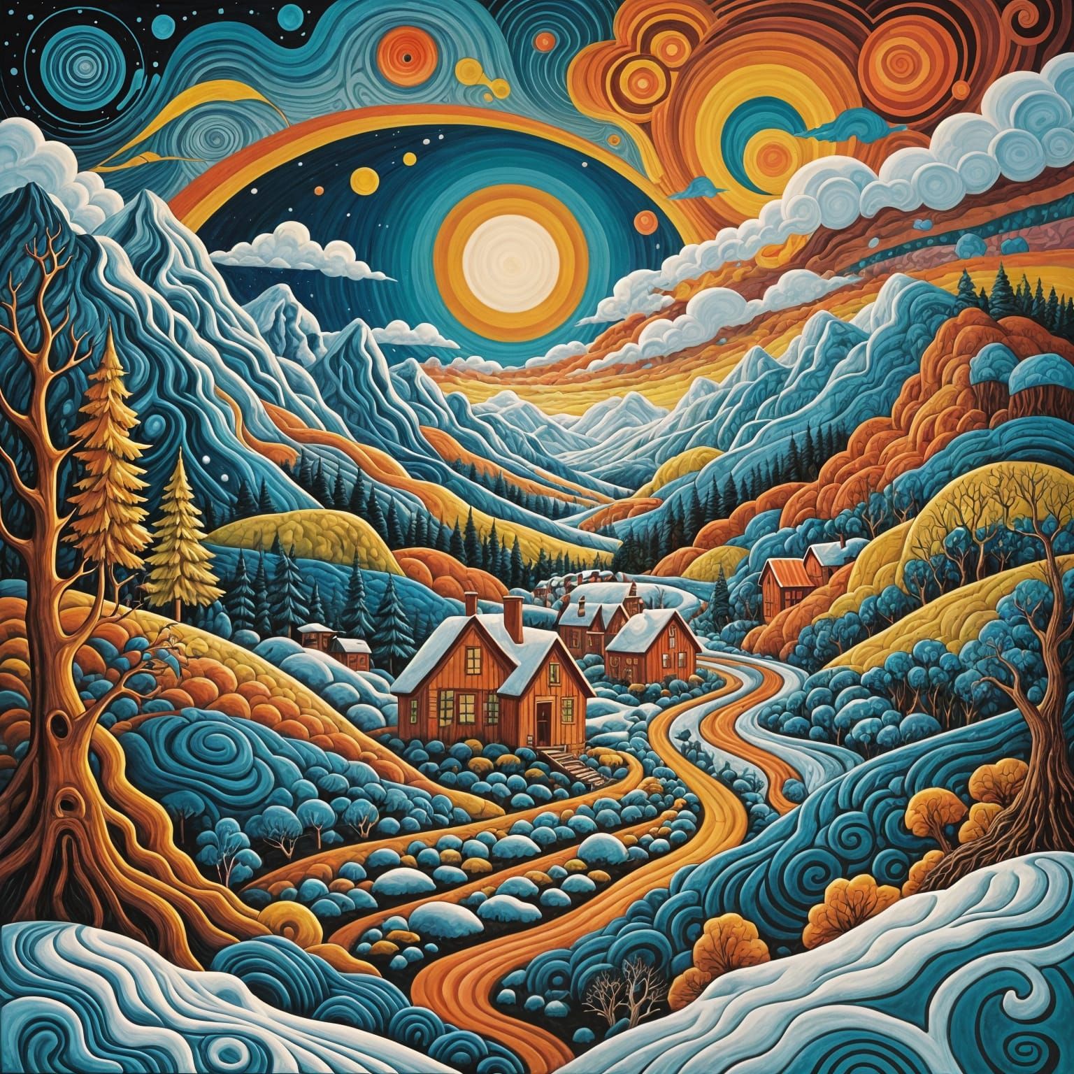 Winter Landscape in Vibrant Constructivist Style