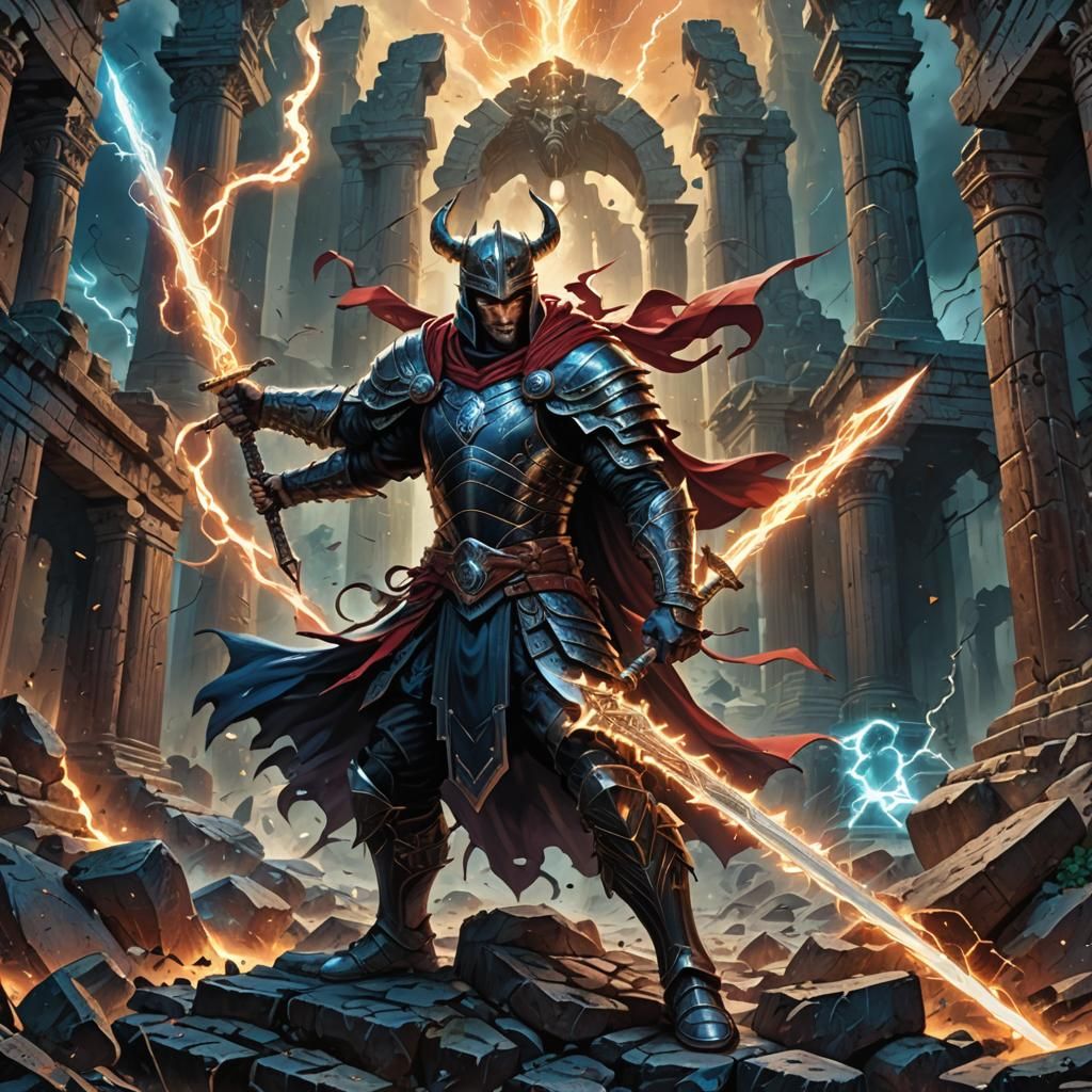 Mystical Warrior Activating Swords in Dynamic Comic Art