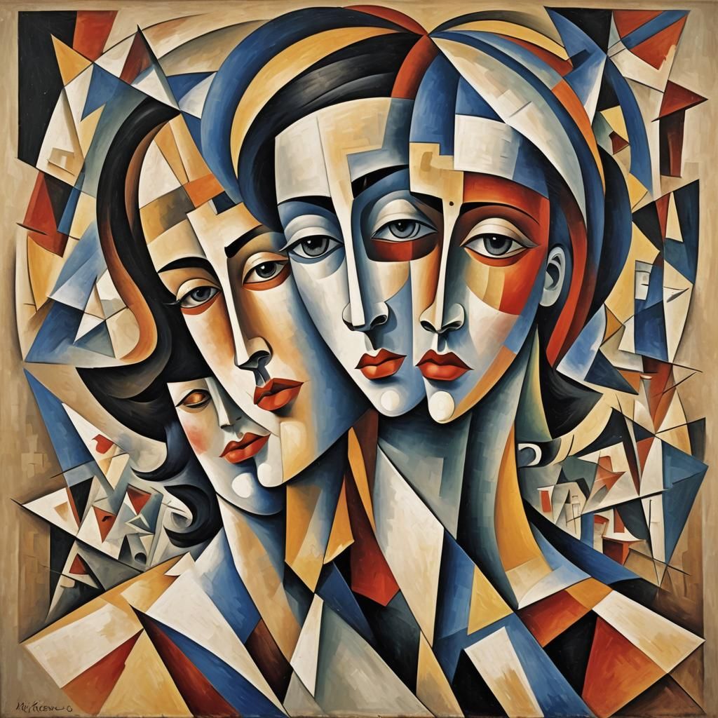Abstract Cubist Masks of Happiness and Sadness
