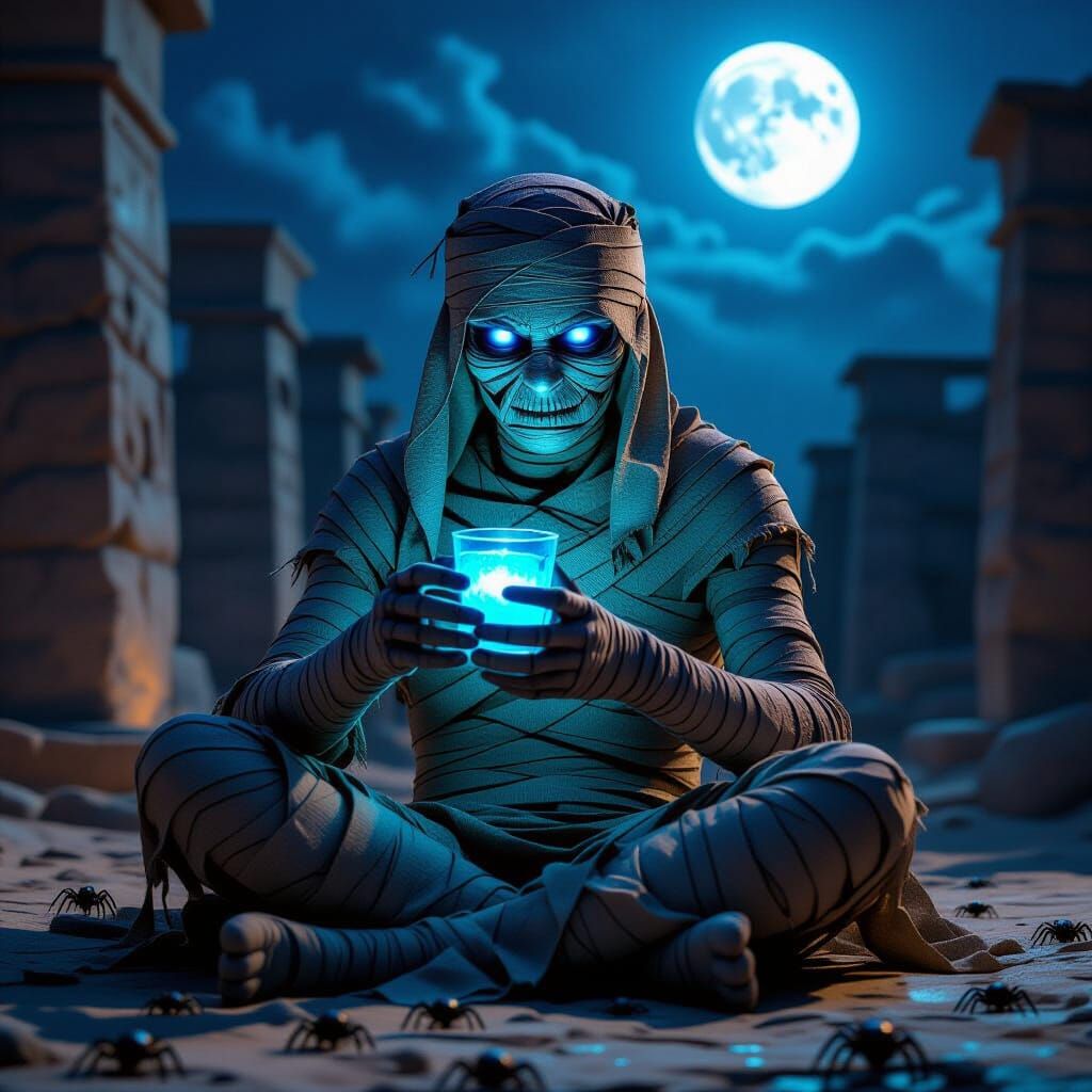 Mummy on Ruins with Glowing Eyes and Blue Potion