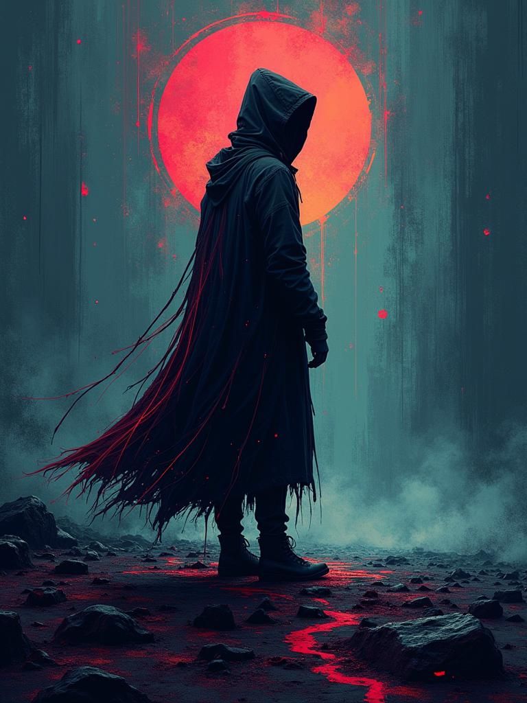 Mystical Hooded Figure in Cyberpunk Vector Art