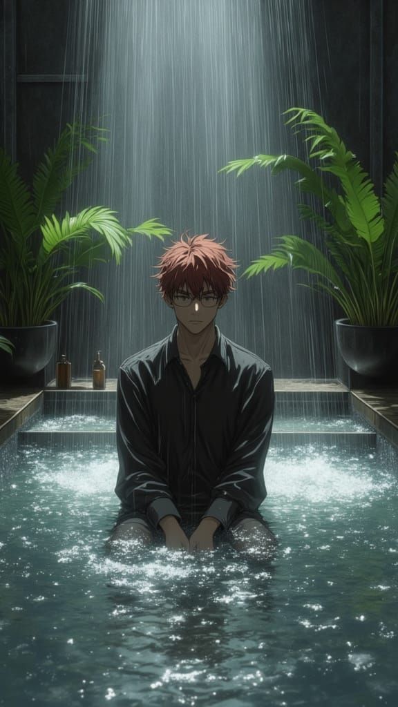 Anime Style Man in Hot Spring During Rain