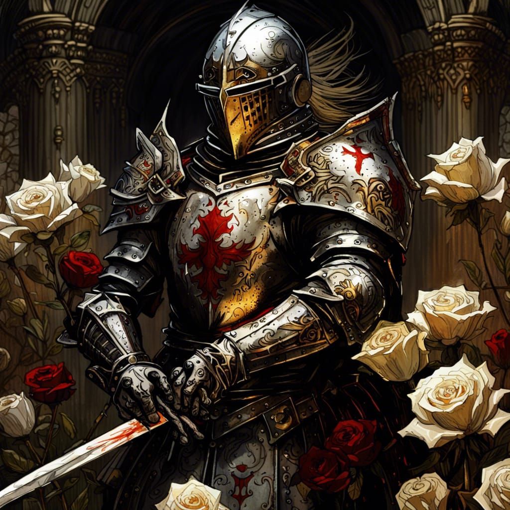 Gothic Knight Templar in a Bloody Rose Field