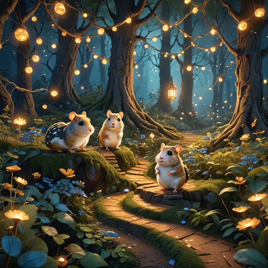 Hamster and Gretel in Whimsical Forest: Fantasy Concept Art
