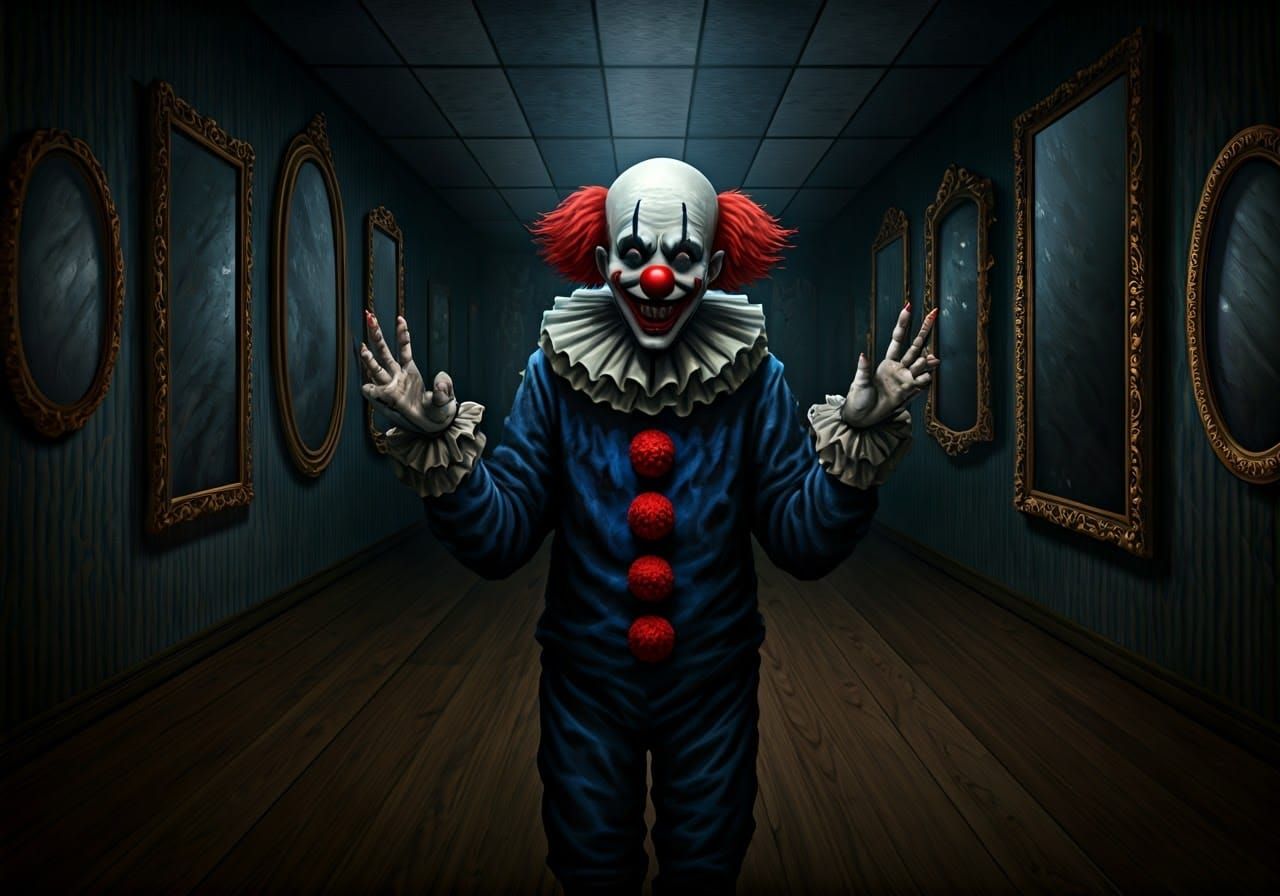 Dark Surreal Clown in Nightmarish Hall of Mirrors