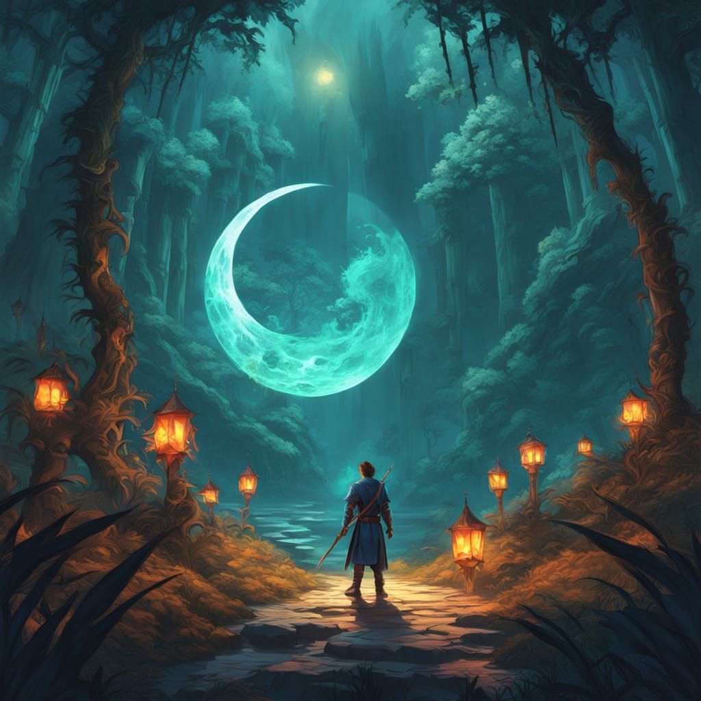Hero Under Moon in Mystical Bamboo Forest Fantasy Art