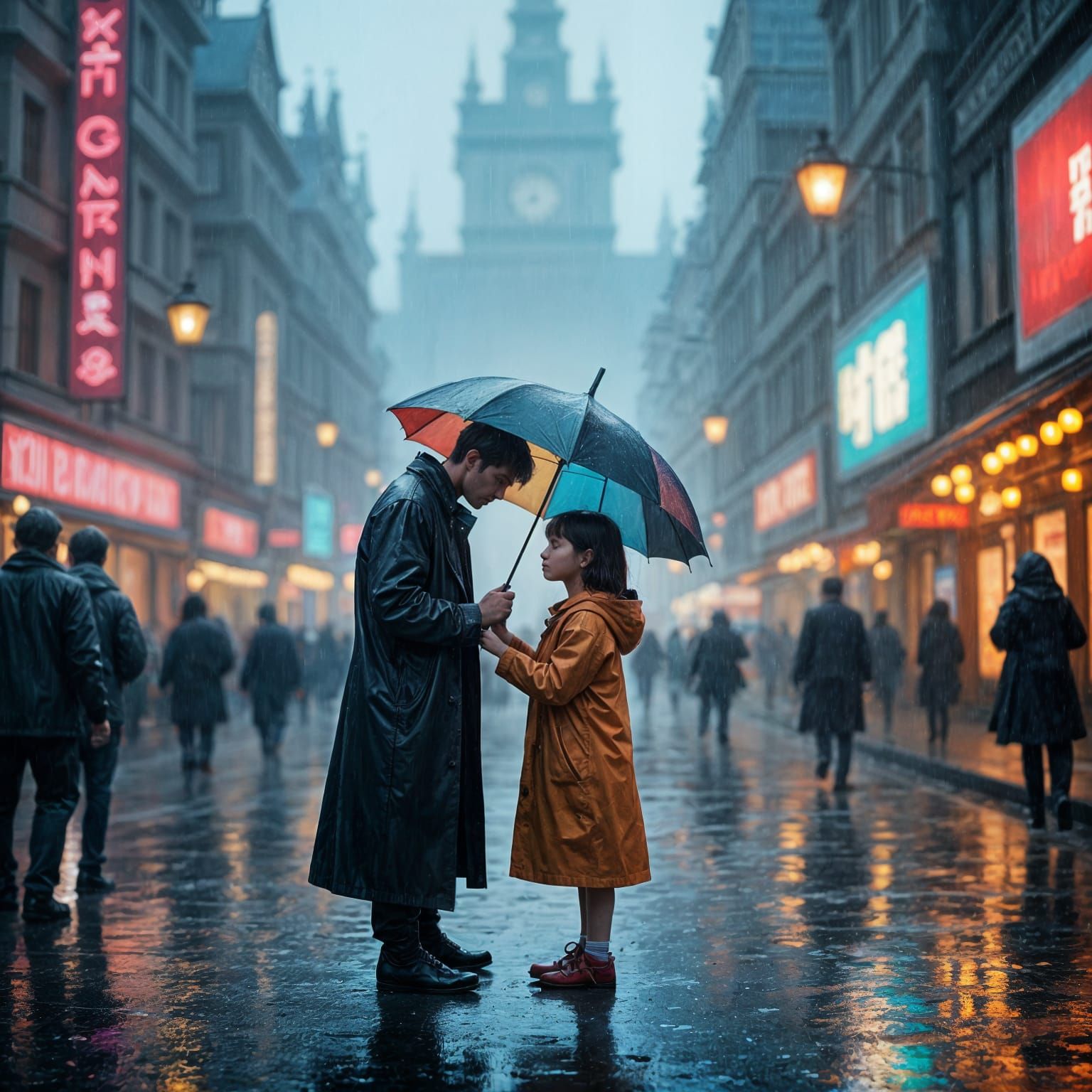 Girl Shelters Under Man's Umbrella in Rainy City Streets