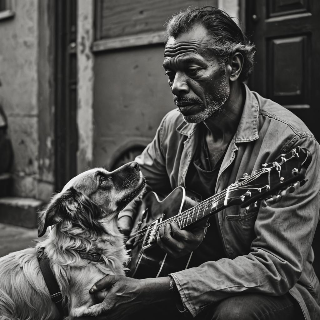 Blues Guitarist in New Orleans: Black and White Portrait