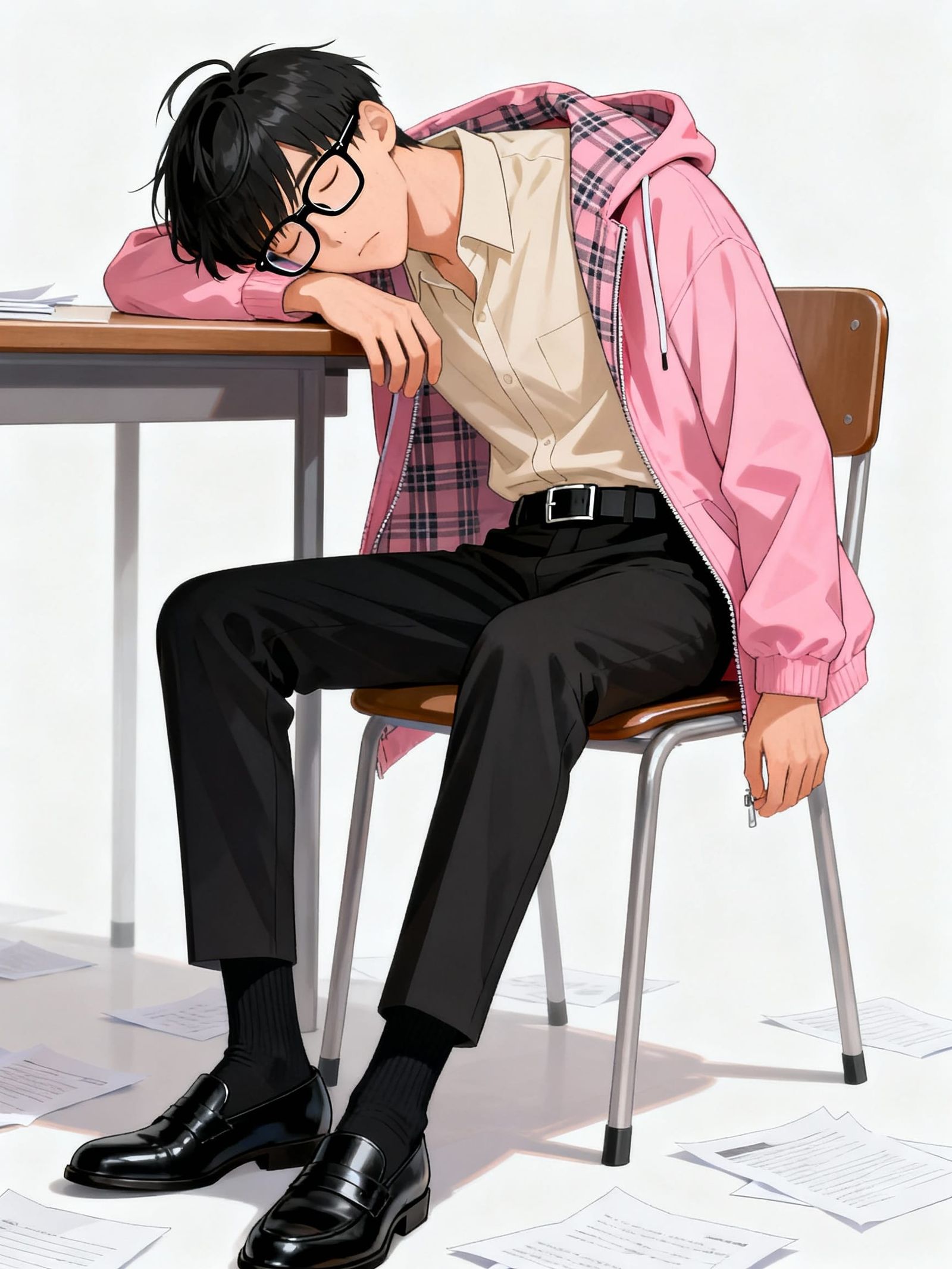 Anime Bishounen Exhausted at Desk