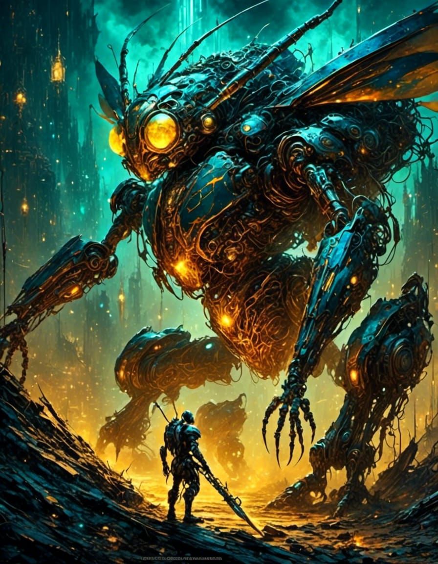 Chitinous Mecha Knight on Magical Battlefield